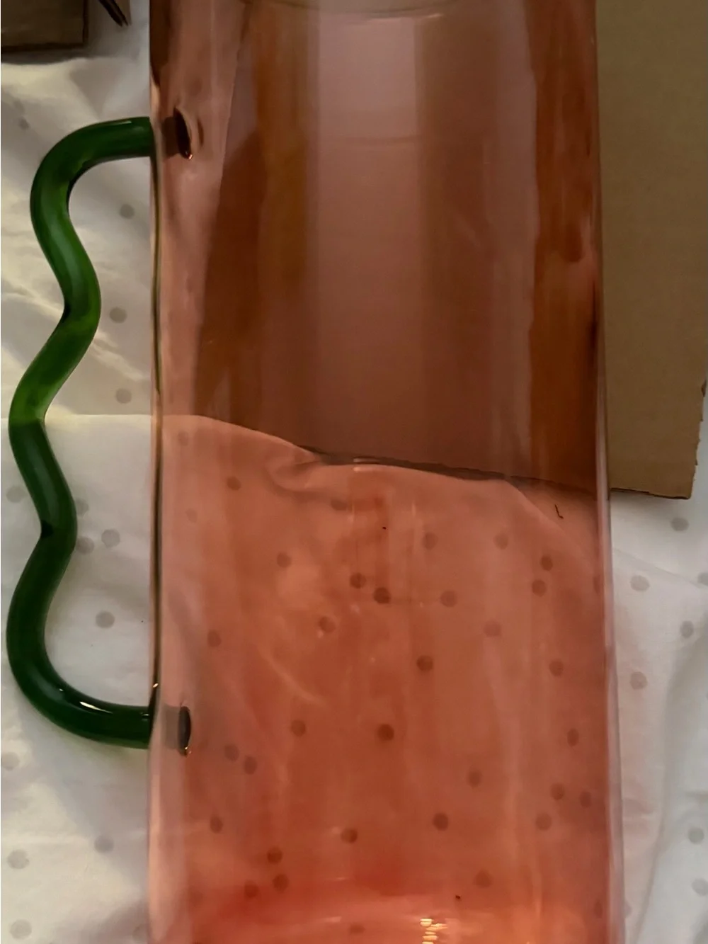 Pink Glass Pitcher with Curvy Green Handle